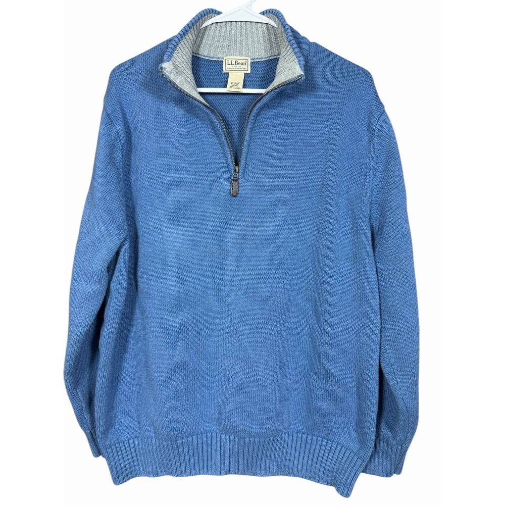 L.L.‎ Bean Men's XL Blue Cotton Half Zip Sweater Contrast Collar Cabin Cottage